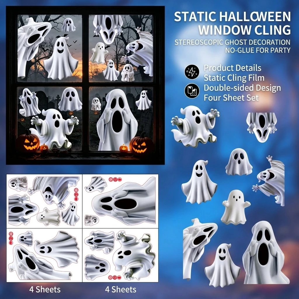 Halloween Party Window Stickers Ghost Static Cling Decals Reusable PVC Glass Decor for Home Storefront Holiday Decoration