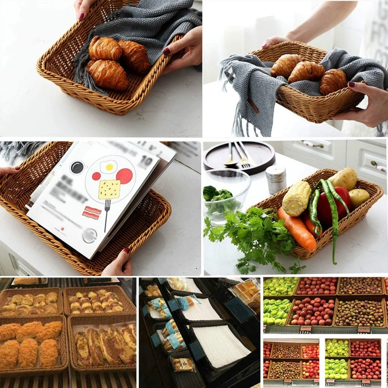 Square Wicker Woven Basket Bread Tray Serving for Food Fruit Cosmetic Storage Tabletop Bathroom Storage Kitchen Organizer