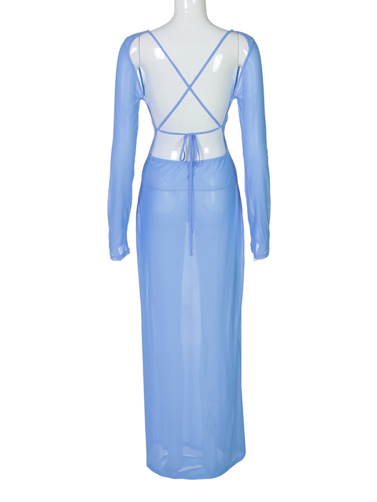 Sibybo Blumendruck Mesh Sheer Maxikleid für Damen, rückenfrei, Rundhalsausschnitt, lange Ärmel, figurbetontes Partykleid, Sommerurlaub, Strandmode