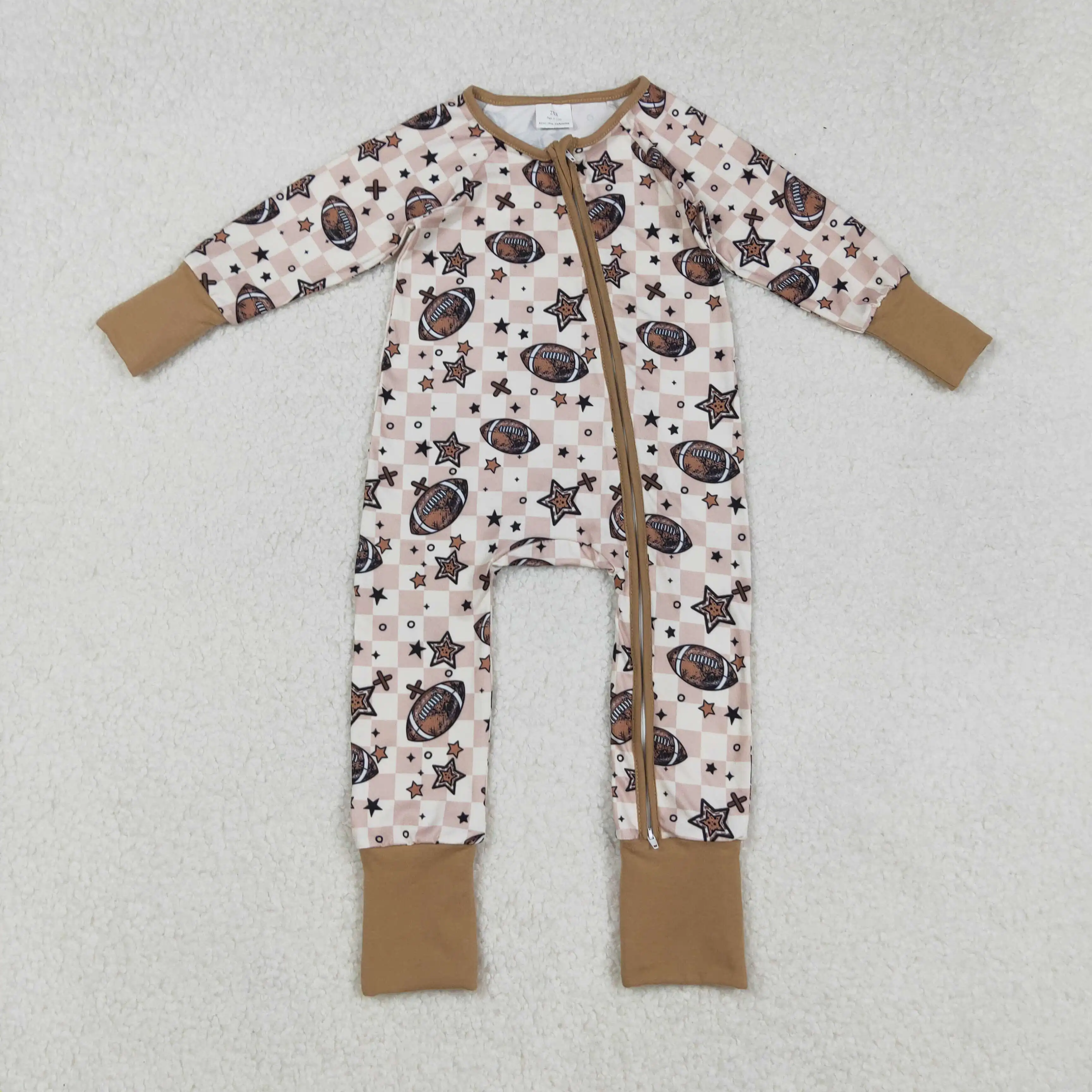 

9.5y Football Star Design Winter Baby Boys Romper Brown Plaid Zipper Long Sleeve Onesie Infants Wholesale Boutique Clothing