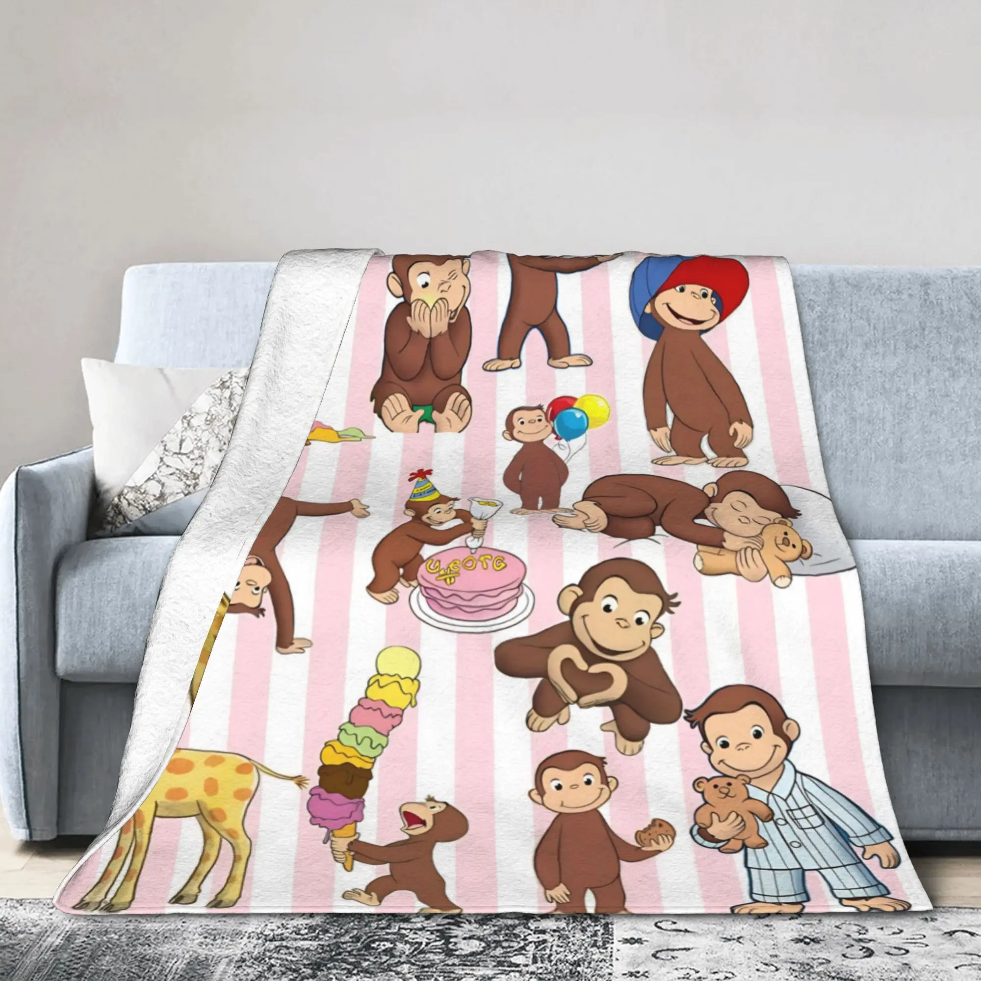 Curious Georg Knitted Blankets Monkey Flannel Throw Blankets Summer Air Conditioning Decoration Soft Warm Bedsprea,