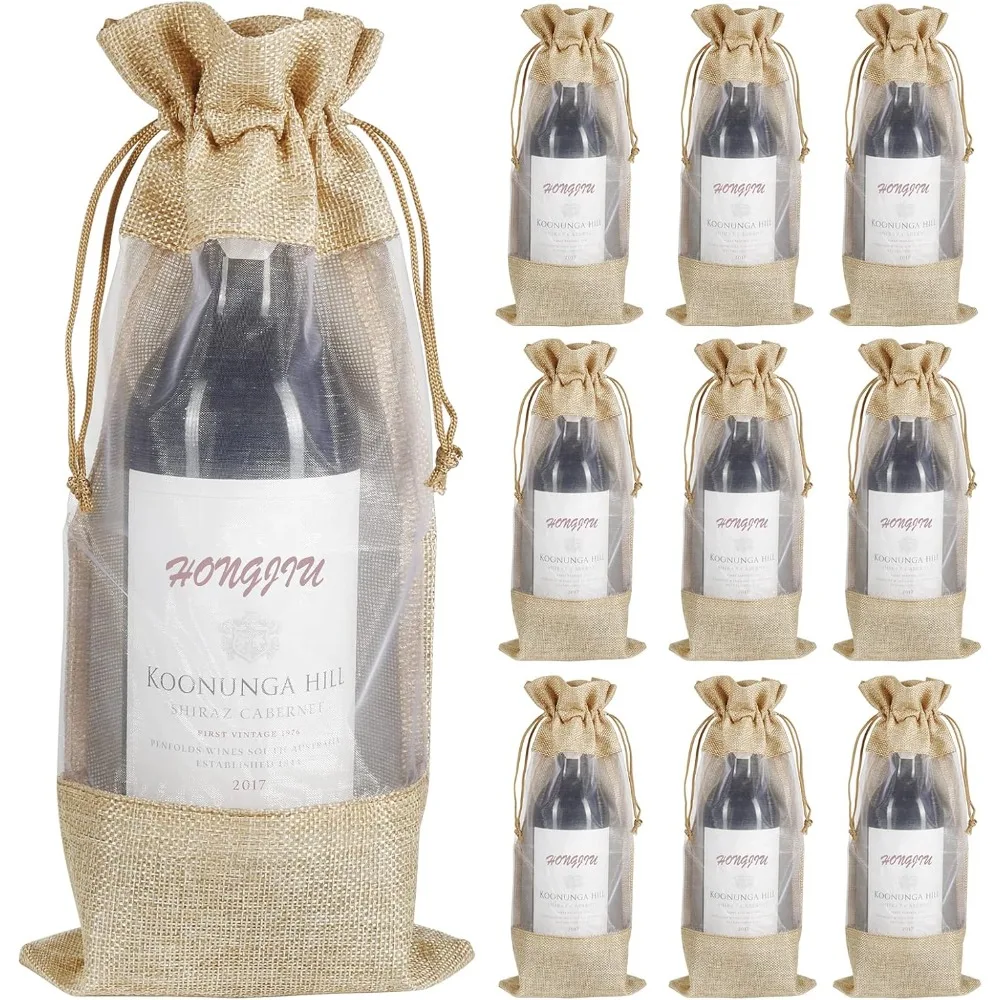 

Wine Gift Bags, 10pcs Burlap Jute Bottle Bags 750ml with Sheer Window Organza Hessian Drawstring Pouches for Wedding Festival Wi
