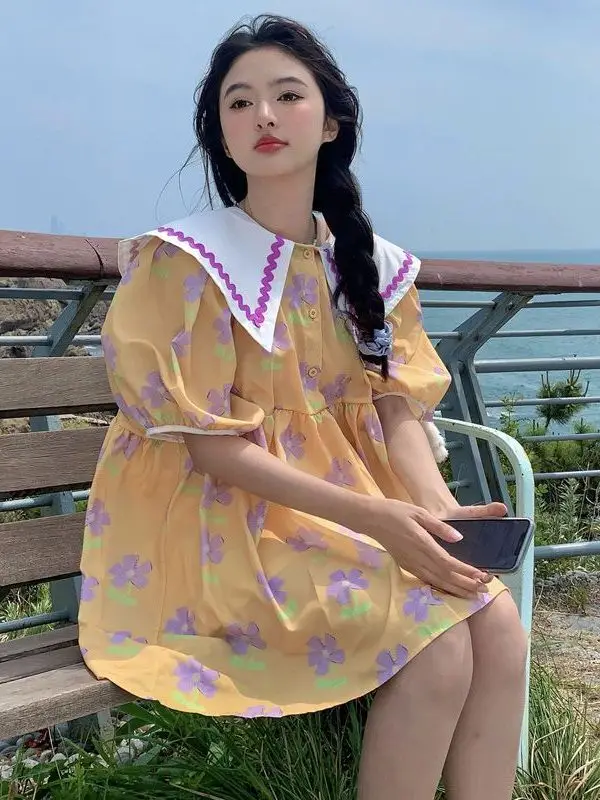 

plus Size 300 Pounds Cute Loose Doll Collar Short Skirt Fat MM Summer Anti-Aging Slimming Short Sleeve Shirt Skirt Trendy