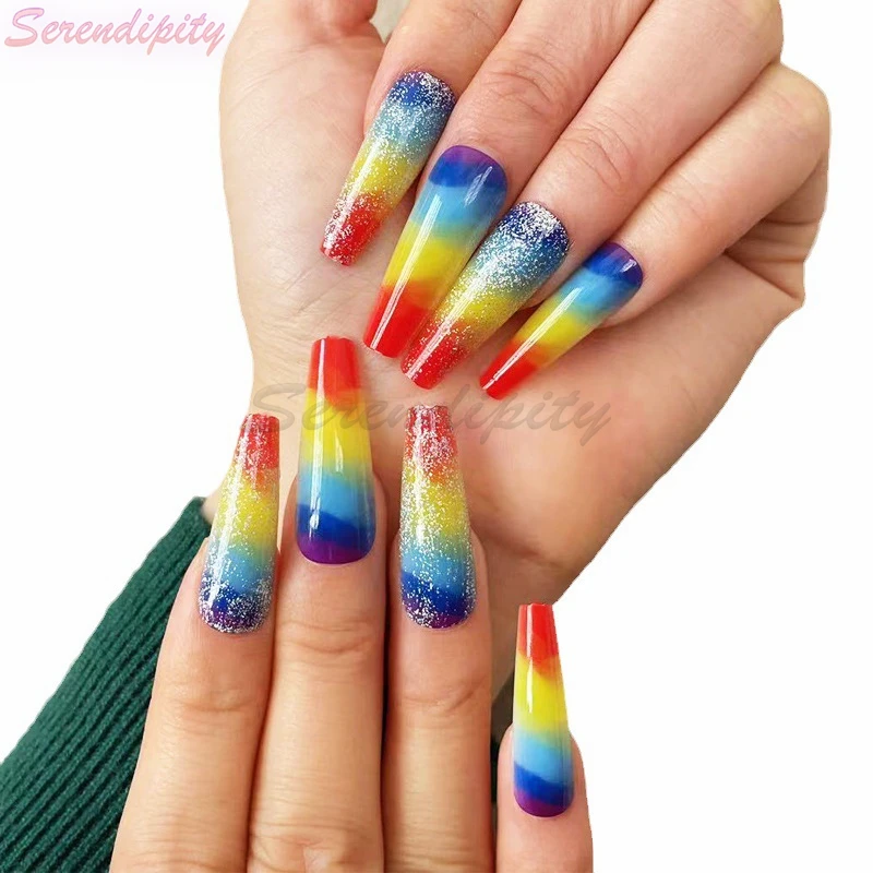 24 Stuks Lange Amandelvormige Nagels Pers Op Nagels Met Regenboog Glitter Afneembare Volledige Cover Cool Art Nagels Nep Nagels Tips Manicure