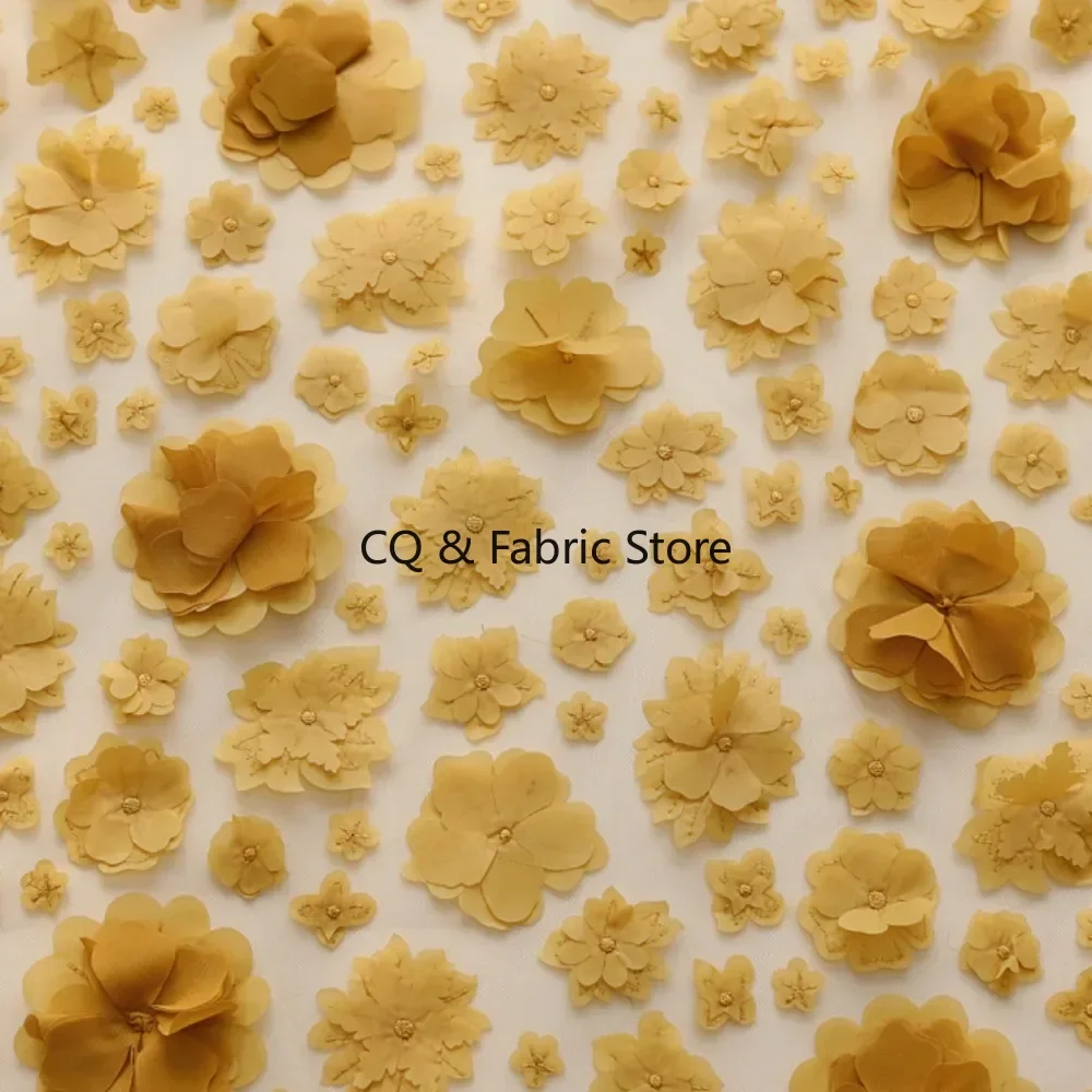 Yellow 3D Embroidered Floral Mesh Lace Fabric for Wedding Dresses, Cheongsams, and Designer Apparel By The Yard