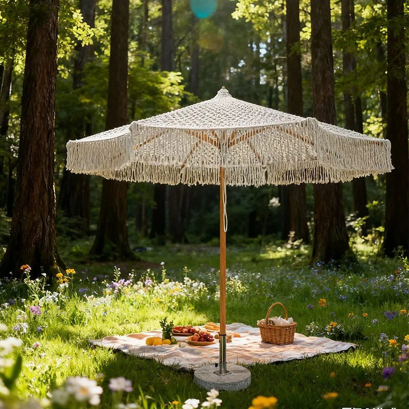 Bohemian handwoven tassel outdoor patio for homestays and internet-famous check-in decorative umbrellas, vintage cotton-linen su