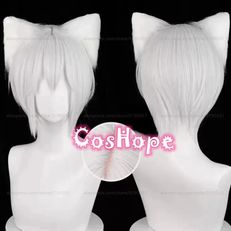 Tomoe Cosplay Wig With Ears 30cm Short Silver White Wig Cosplay Anime Cosplay Wigs Heat Resistant Synthetic Wigs Hair