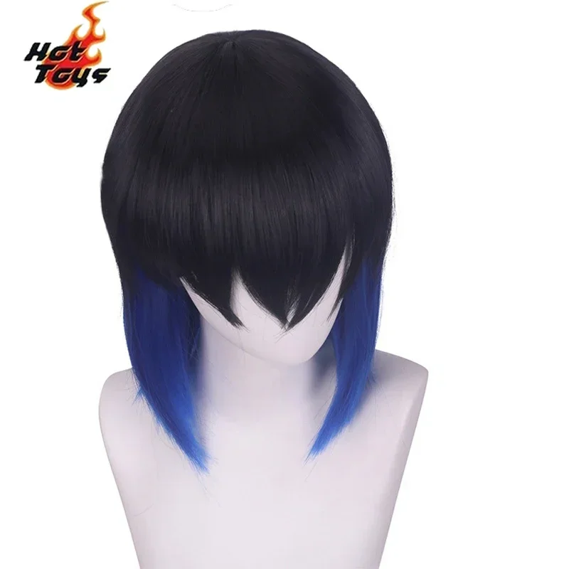 Hashibira inosuke kurze blaue ombre perücke kimetsu no yaiba hitze beständige haar cosplay kostüm perücken