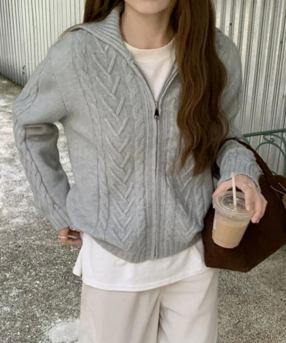 

HOUZHOU Gray Solid Streetwear Knitted Sweater Women Korean Style Vintage Turn Down Collor Zipper Loose Sweater Autumn 2024 Chic