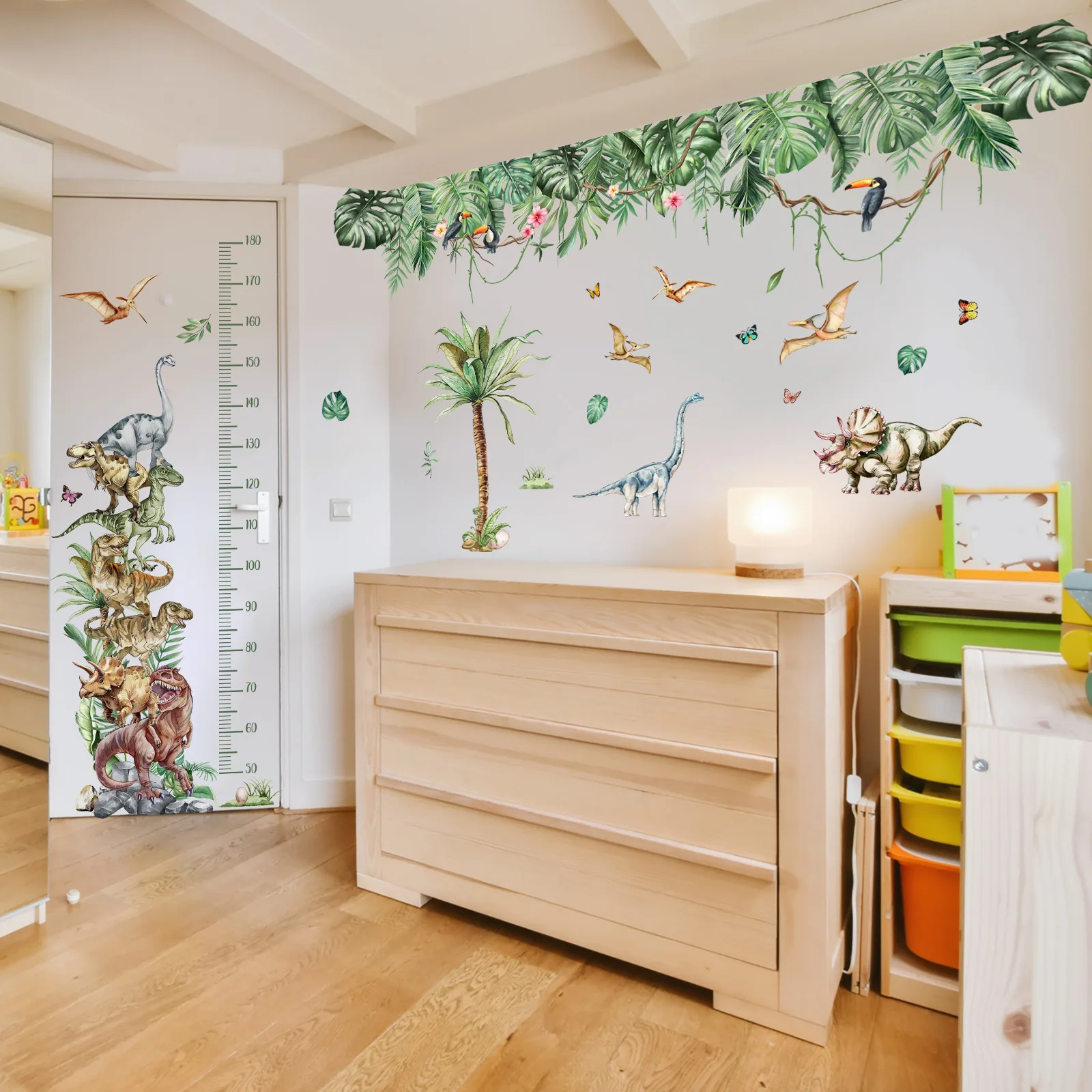 Oversize Watercolor Tropical Jungle Dinosaur Wall Stickers, Removable Vinyl Kids Height Ruler Decals for Nursery Bedroom Decor