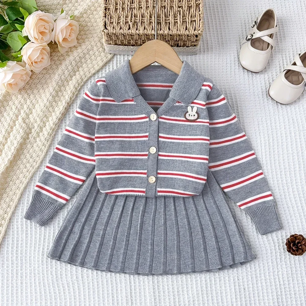 Bear Leader Kids Clothes Striped College Style Winter Long Sleeved Embroidered Rabbit Top+pleated Skirt 2-piece Sets