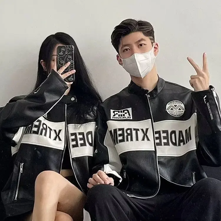 

Свободная одежда для пар, большой размер 250, сум, американский ретро, искусственная кожа, гоночная молния, мотоциклетный бейсбольный джет, осень-зима, M...