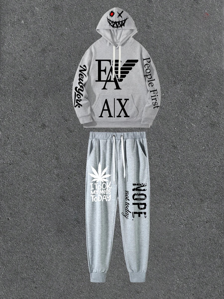 

Gray Double-sided Printed Hoodie Paired With Printed Casual Pants Loose Hoodie Street Style Outfit With Casual Pants