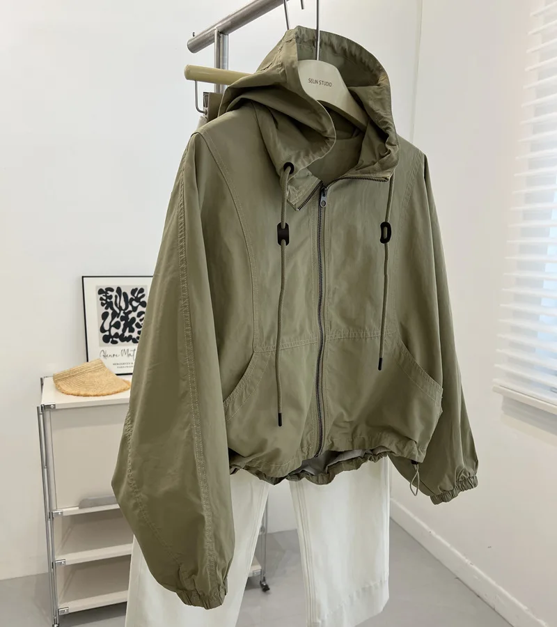 

Fashion Women Jacket Windbreaker Hooded Zip-up Coat Autumn Vintage Outwear Korean Harajuku Cropped Basic Coat Streetwear