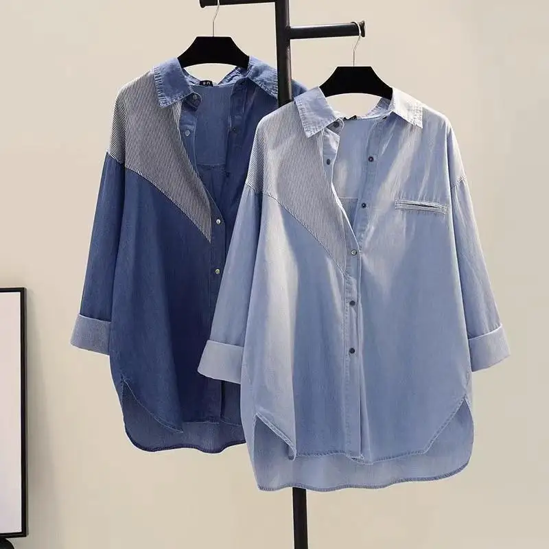 

Shirts Women Polo Neck Blue Jeans Oversized Blouse Denim Patchwork Long Sleeve Casual Women Jackets Temperament Coat Top Spring