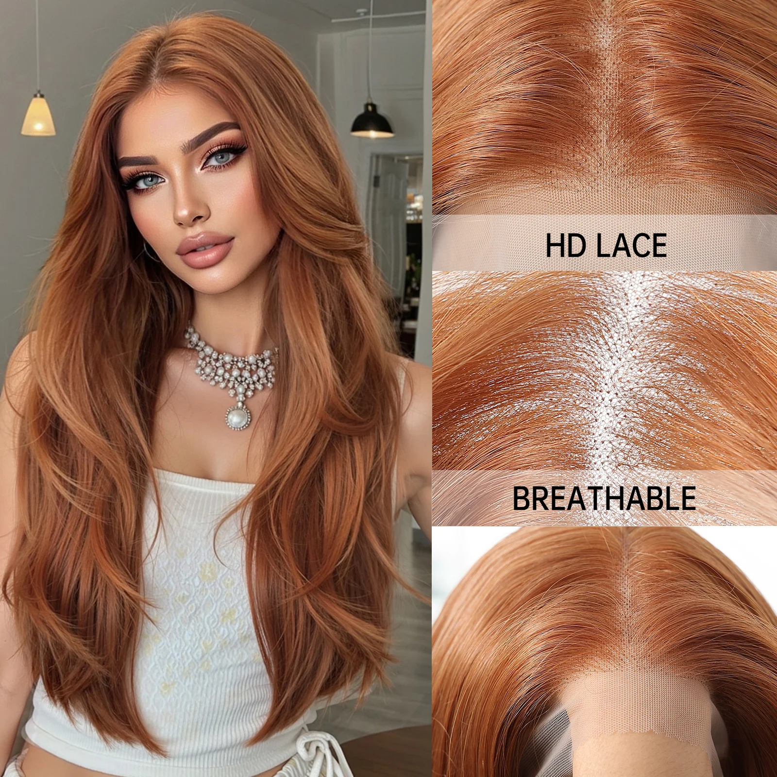 Topshe Realistic 13x6 HD Lace Front Wig Hand-Tied Pre-Plucked Undetectable Glueless Copper Synthetic Wigs for Women