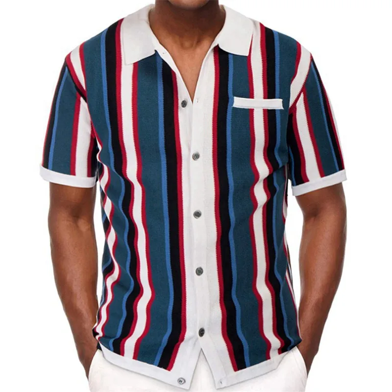 2024 Men's Summer Casual Knitted Shirts British Retro Stripe Patchwork Knitted Short Sleeve Jacquard Business Polo Shirts Male