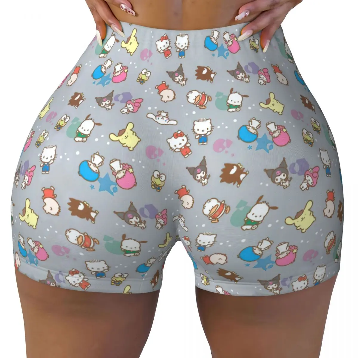 Women Lift Yoga Sports Shorts Pom Pom Purin Hello Kitty Melody Honey Peach Hip Shorts Cartoon Gym Biker Running Pants