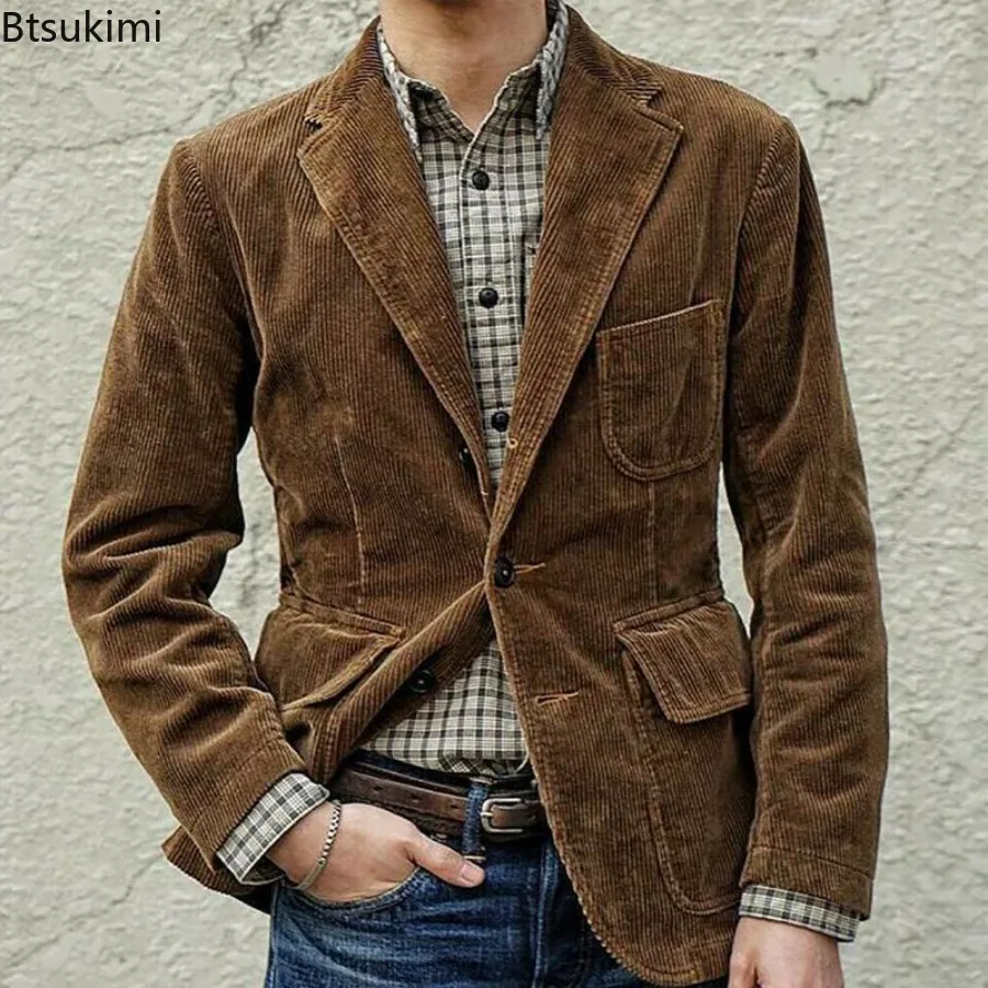 Men's Fashion Gentleman Business British Style Jackets Gentleman Corduroy Wedding Lapel Professional Casual Cardigan Jacket Male