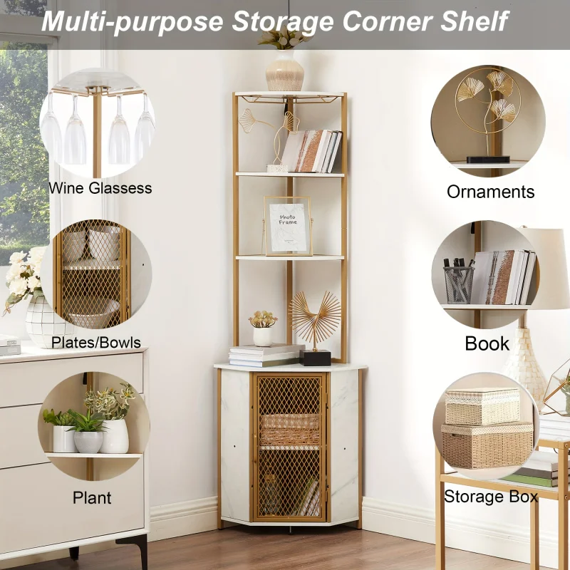 Custom.Corner Cabinet, Tall Storage Shelf, Bookshelf Display Shelves Rack Living Room, Kitchen, Balcony, Small Space, Brown,