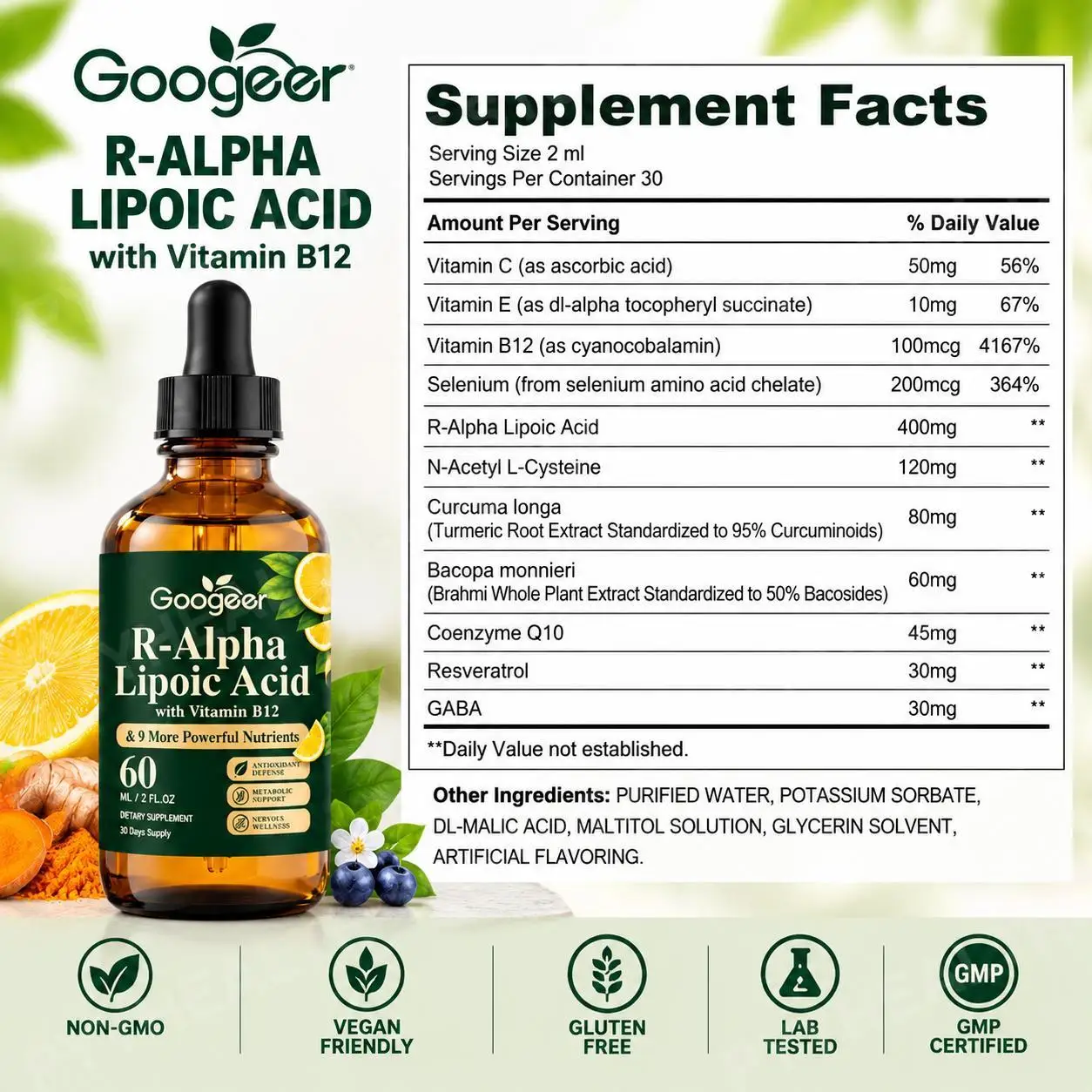R-Alpha Lipoic Acid Drops Maintain Peripheral Nerve Health & Cellular Energy Metabolism with Vitamin B12 NAC CoQ10 Turmeric 60ml