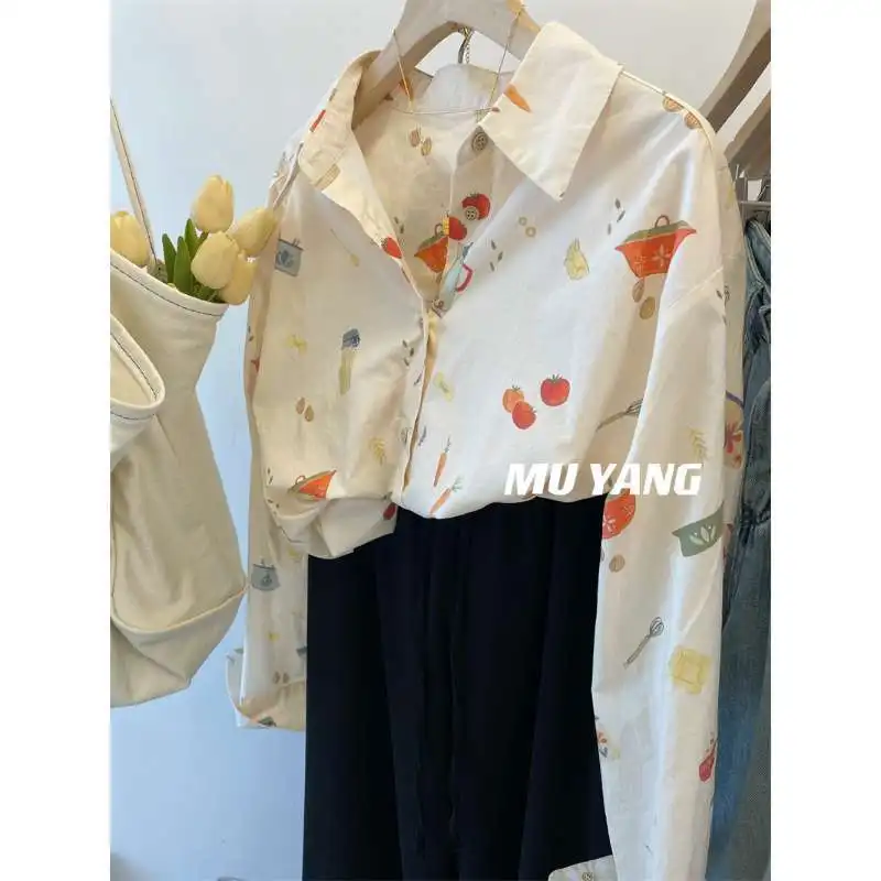 Japanese Cute Carrot Rabbit Retro Cartoon Shirts Summer Long Sleeve Blouse Beige Loose Button Up Shirt Korean Fashion Girls 2024