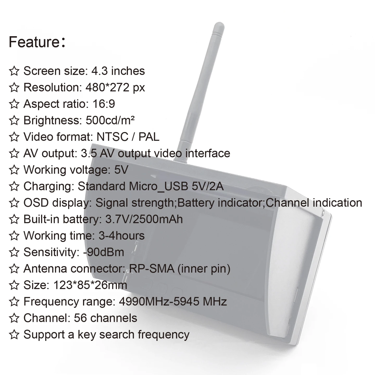 RXCRC 5.8G 56CH 4.3 Inch IPS Display screen 480x272 Auto Search FPV Monitor Build-in Battery For RC Multicopter FPV Drone Part