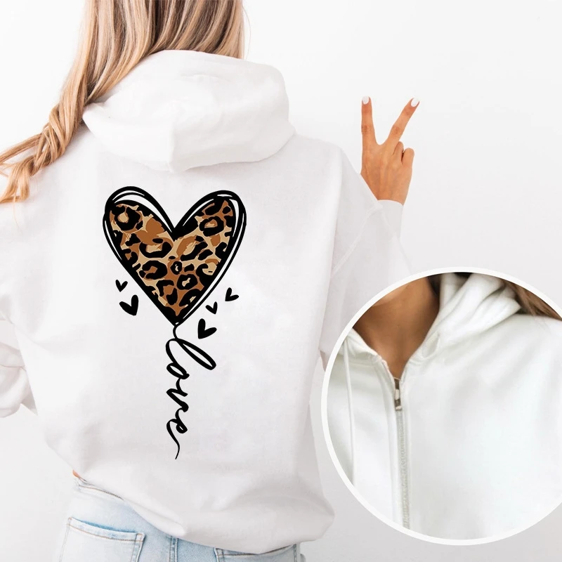 レディース ジッパー パーカー オーバーサイズ ユニセックス スウェットシャツ ハート ヒョウ柄 カジュアル ストリートウェア 女性とティーン向け 居心地の良い秋のギフト