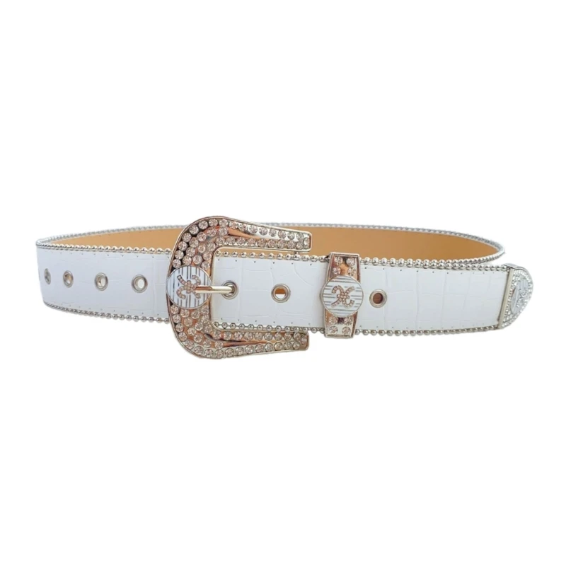 Women Waist Belt Chain with Encrusted Rhinestones Crystal Grommet PU Waistband Dropship