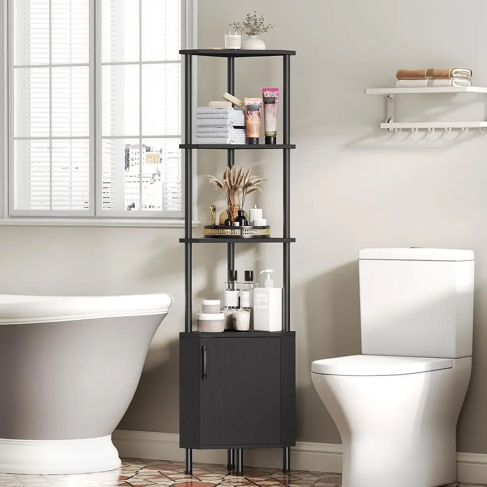 Black 5-Tier Corner Bookshelf with LED Light and Storage, 59 Tall, for Living Room and Kitchen