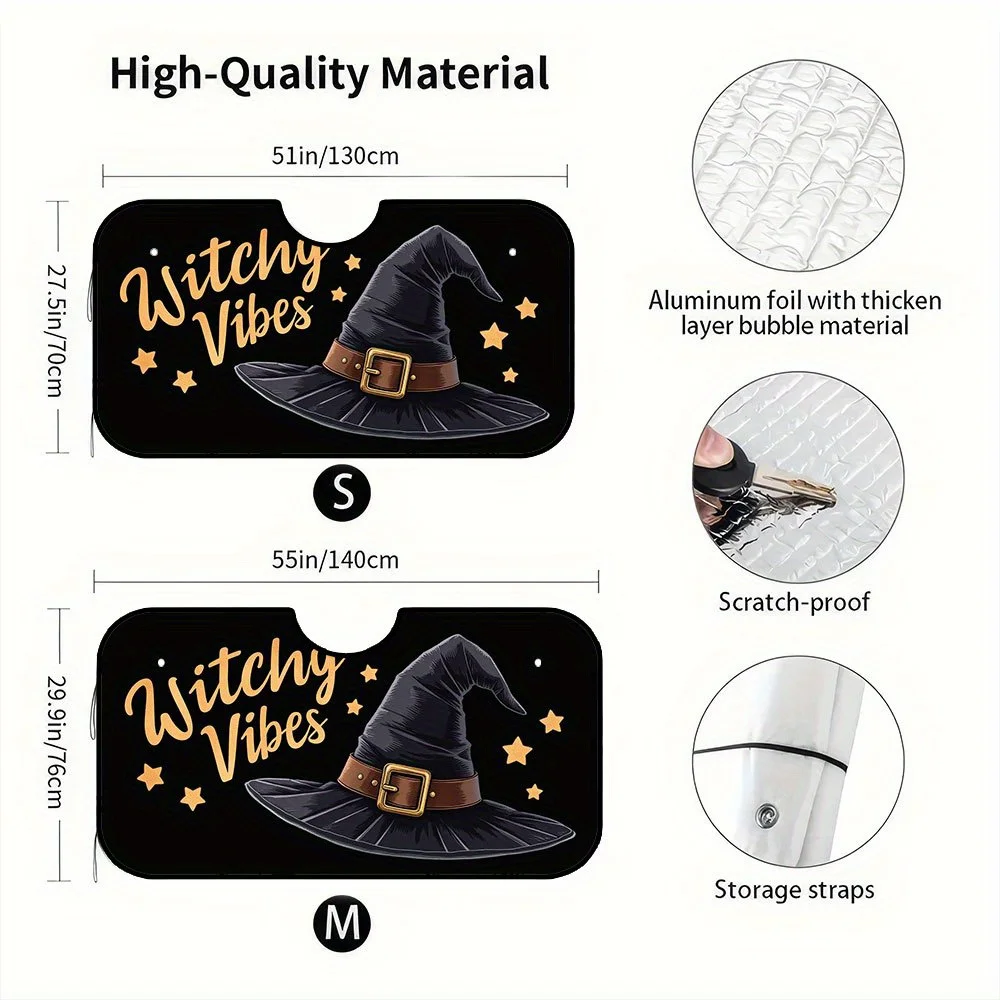 1pc, Celebrate Fall And Halloween In Style With This Foldable Front Windshield Shade Featuring Witch Hat Halloween Gothic Art De
