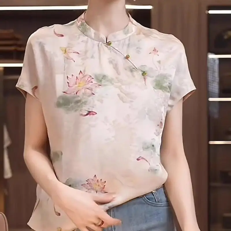 Floral Printed Satin Silk Blouses Women Short Sleeve Retro Shirts Chinese Style Cheongsam Top