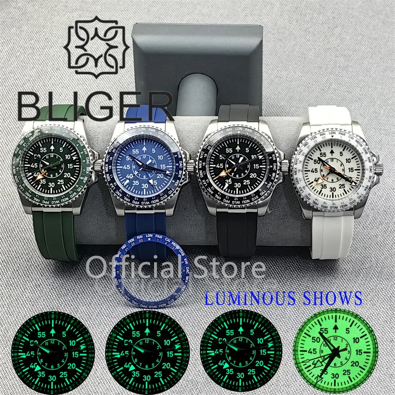 BLIGER 40mm Men Pilot 100m NH34 GMT Automatic Diving Watch Black Cream Dial With C3 Green Luminous Sapphire Glass Rubber Strap