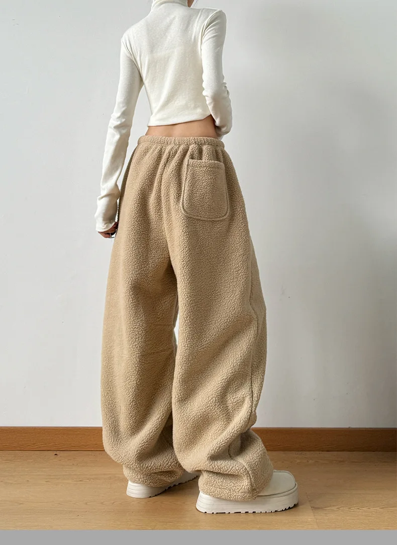 Winter Fleece Pants Women's Thickened Plus-Length Loose Casual High-Waisted Warm Lounge Trousers Camel Baggy Relaxed-Fit Bottoms
