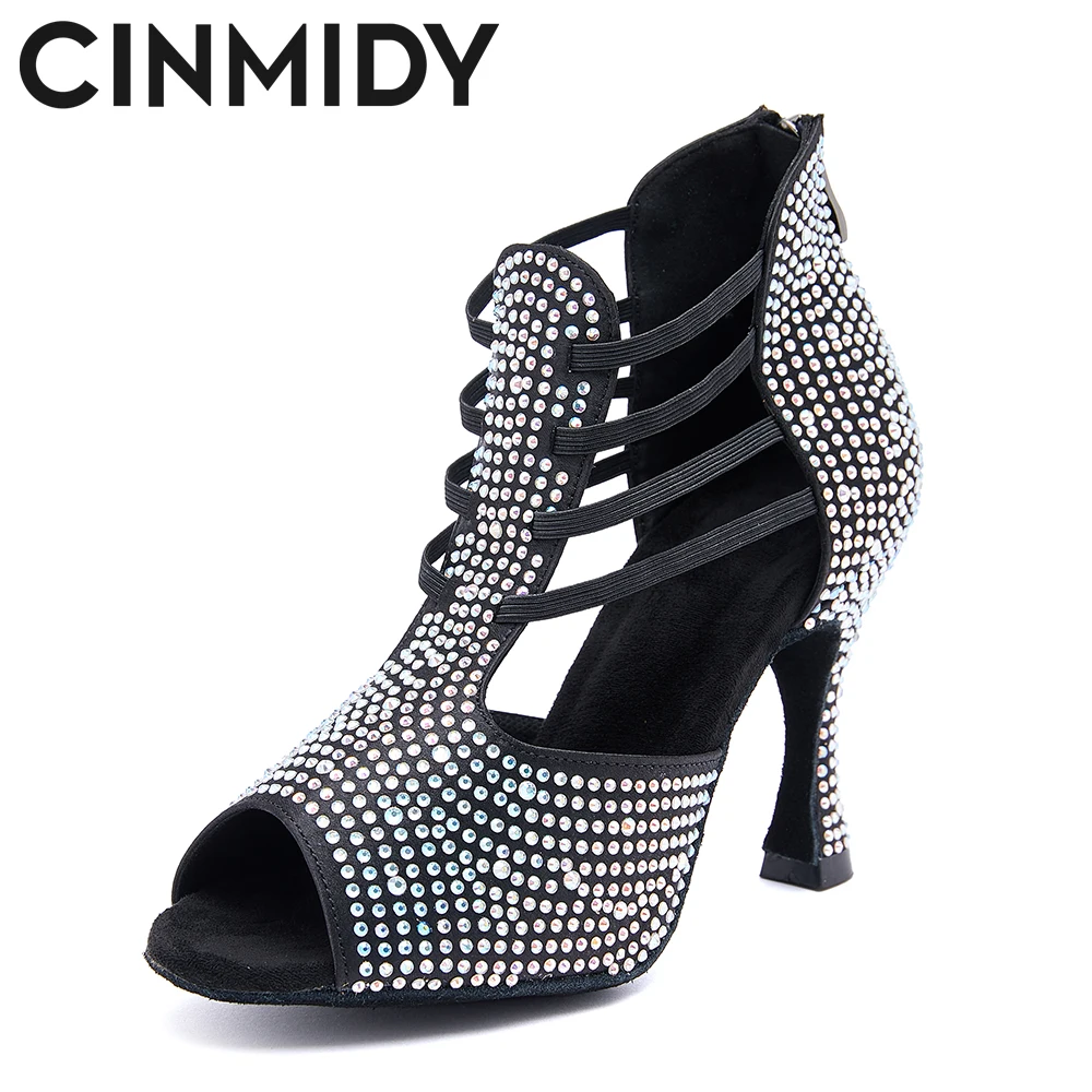 CINMIDY Black Latin Dance Shoes For Women Salsa Dance Shoes With Rhinestones Soft Sole Ballroom Dance Sandals Party  High Heels