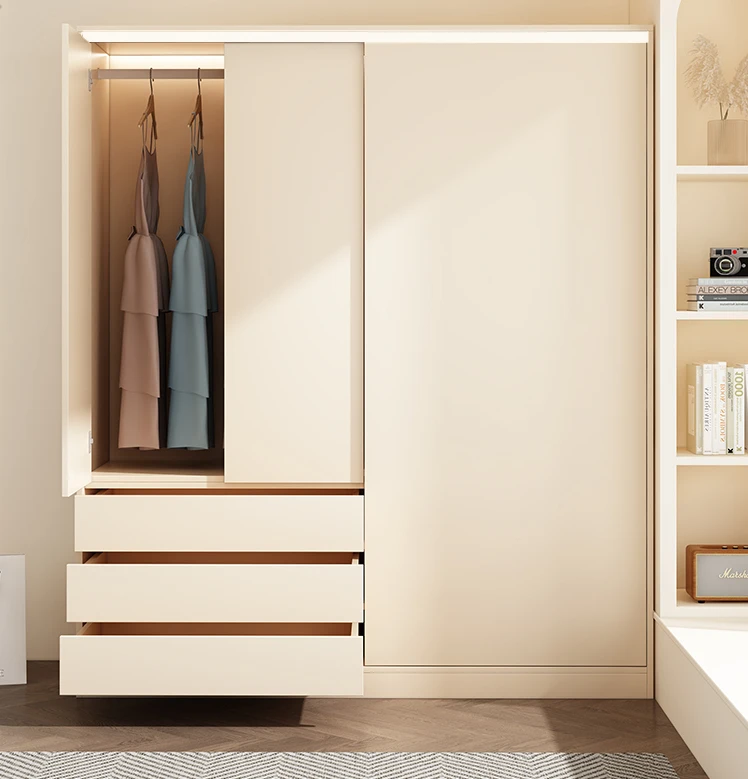 

Solid wood wardrobe household bedroom small apartment cream wind modern storage wardrobe