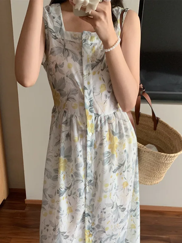 Retro Dongda Gate Lazy Square Collar Design Floral Vaion Sle Weste Dr Single Button Svel Dr Damen