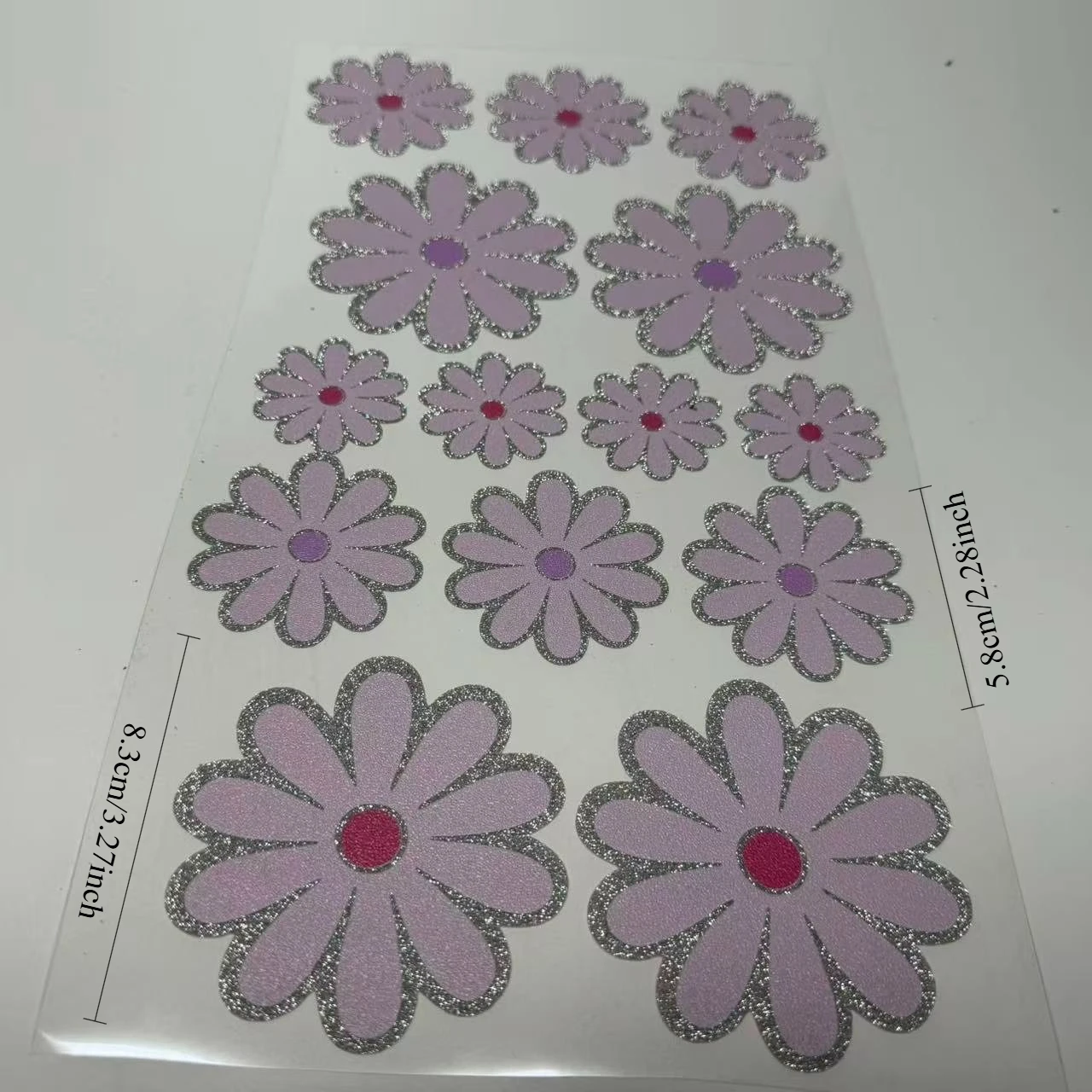 14Pcs Irregular Daisy Floral Vinyl Sticker Pack,Matte Glitter Edge,3 Sizes,Works on Car,Motorcycle,Glass,Metal,Plastic & Laptop