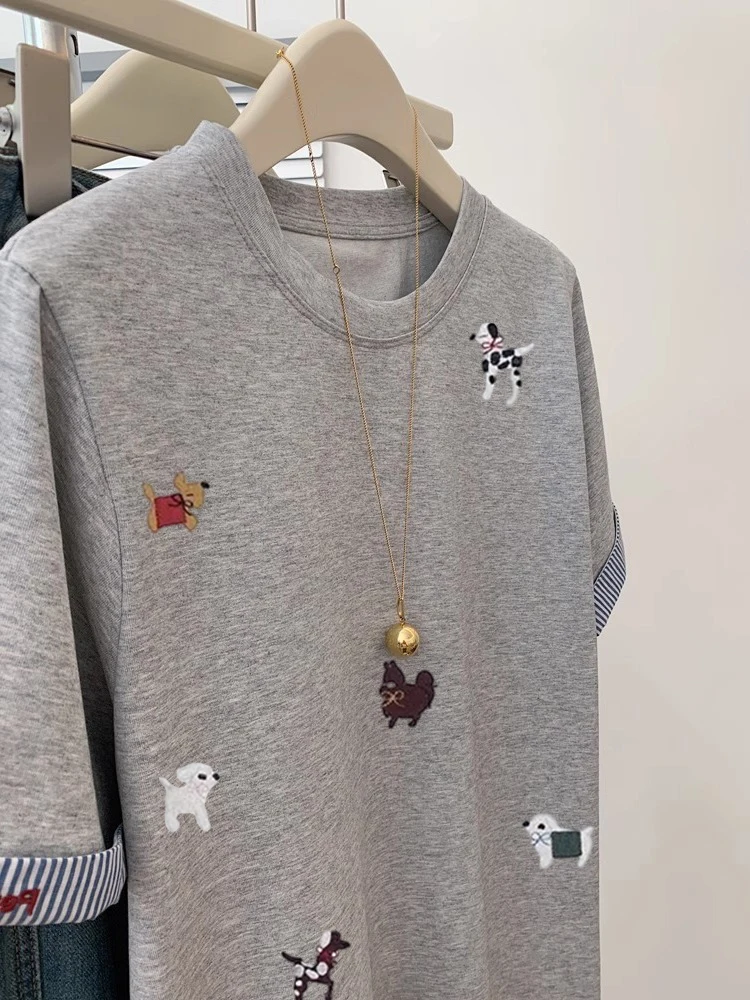 한국 스타일 안티에이징 만화 강아지 스플라이싱 반팔 티셔츠 유니섹스 여름 디자인 심플 매치 숄더 트렌디 탑