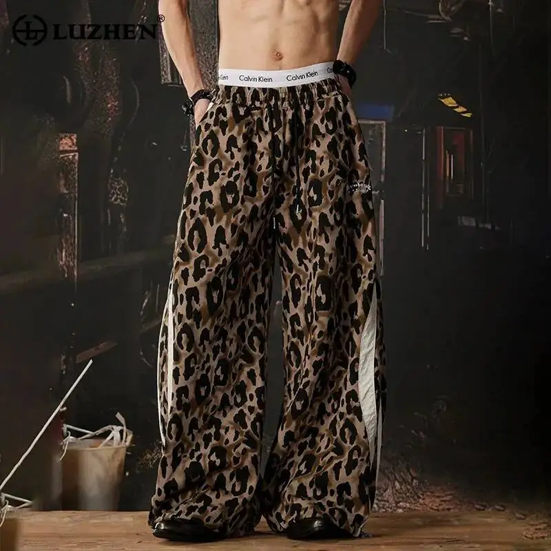 

LUZHEN 2026 Fashion Leopard Print Color Contrast Design Loose Wide Leg Casual Pants Men's Original Elastic Waist Trousers JY6643