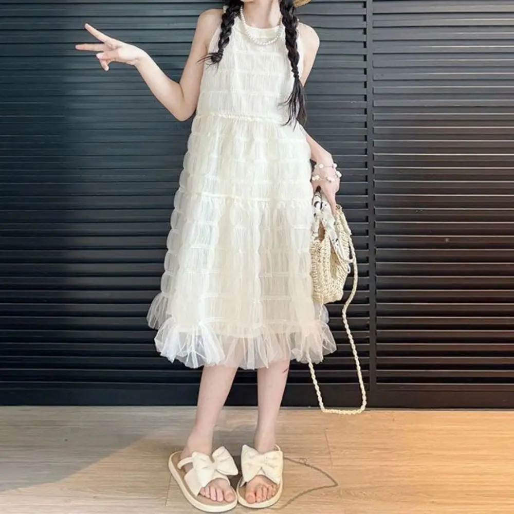 

Elegant Loose Girls Princess Dress Party Children Summer Mesh Dress Beach Vacation Sweet Teens Long Dress Summer