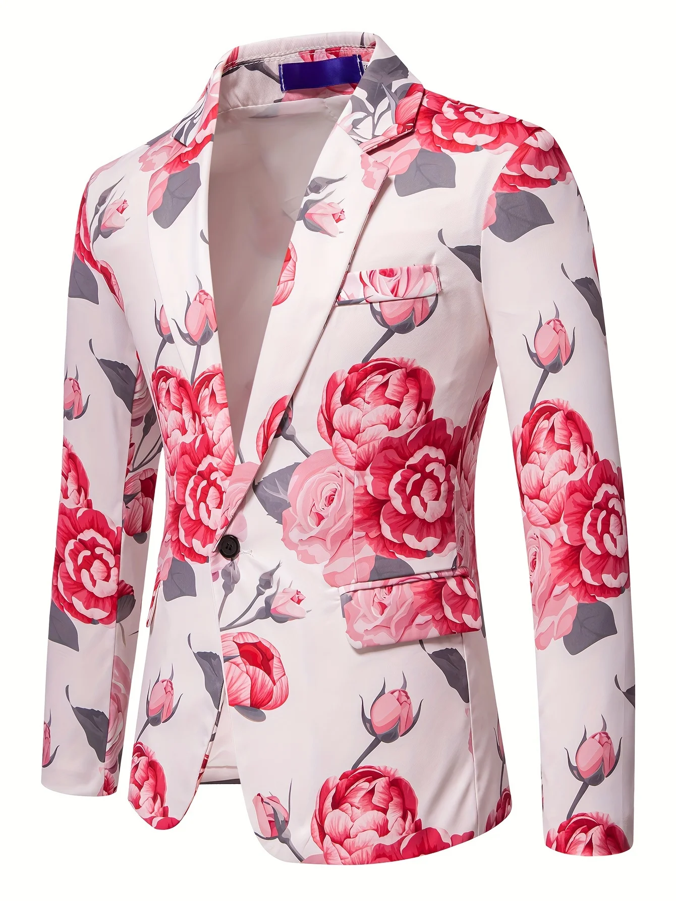 Trendy Men Party Blazer Vintage Large Rose Flower Art Print Polyester Wedding Dating Festival Costume Jacket