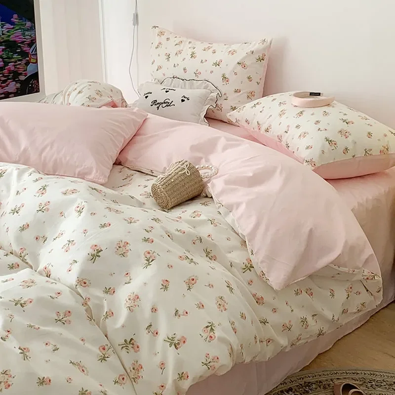 Pink floral bedding set soft ins single double queen size duvet cover flat sheet pillowcase girls home totel bed linens