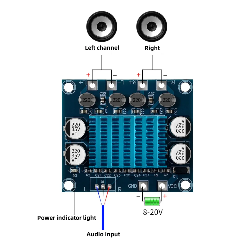 20PCS 30W+30W Dual Channel Digital Stereo Audio Power Amplifier Board 12V 24V Amplifier Board 8-26V DC Audio Amplifier Board