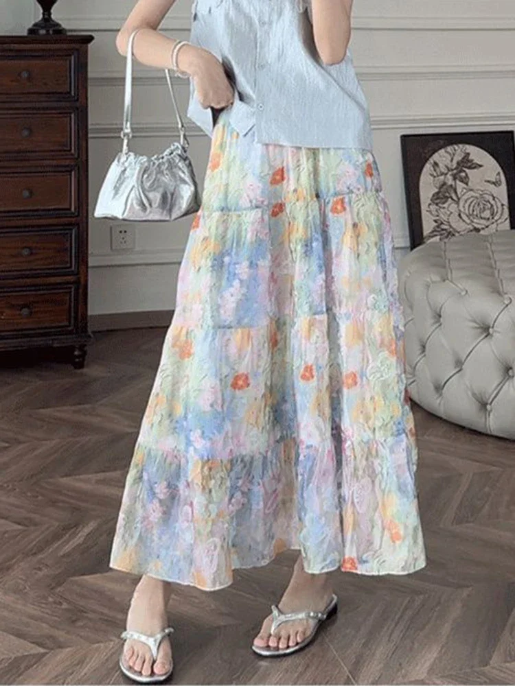 Mousseline de soie jupe longue florale femmes taille haute Vintage élégant doux jupes coréen rétro ample été femme une ligne jupe longue