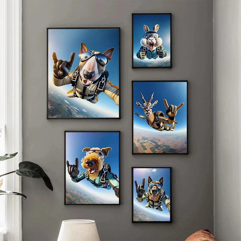 Free Falling Animals Poster Skydiving Reindeer Antelope Caracal Llama Canvas Painting Extreme Sport Wall Art Picture Home Decor