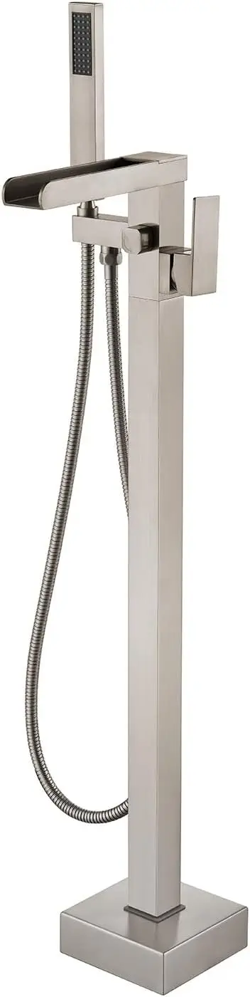 

Freestanding Bathtub Faucet Waterfall Tub Filler Brushed Nickel Floor Mount Brass Single Handle with Hand Shower