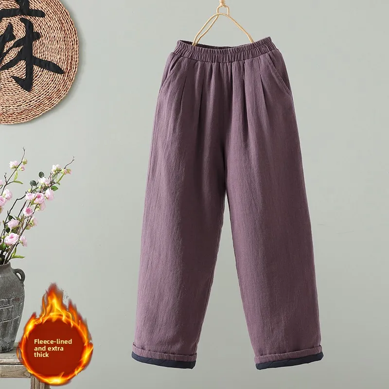 عارضة القطن الكتان مستقيم الساق السراويل رقيقة الدافئة التخسيس ملابس خارجية المرأة واسعة الساق السراويل عالية الخصر السراويل الطويلة