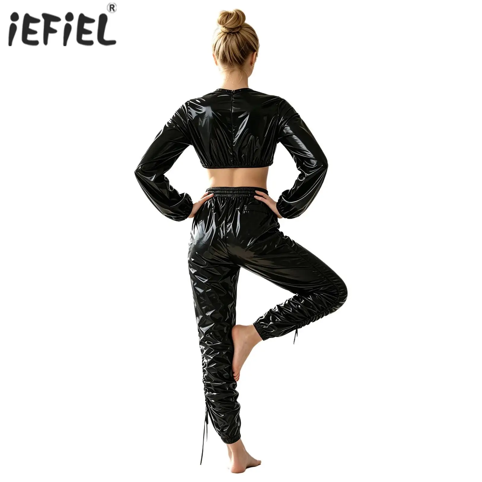 Womens Glossy Two Piece Outfit Vinyl Waterproof Sweat Suit Long Sleeve Crop Top Ruched Joggers Pants Hip Hop Performance Costume