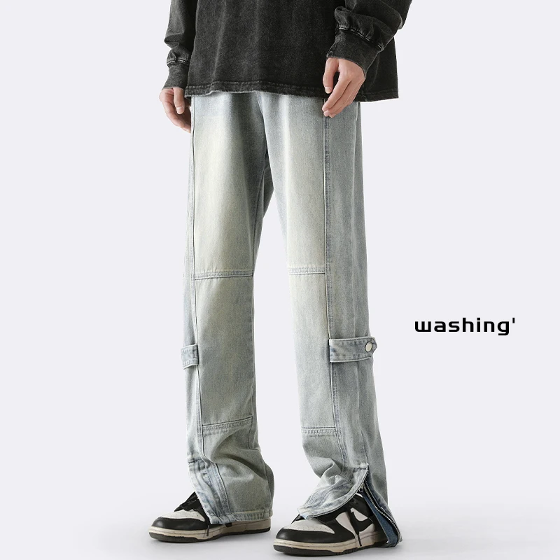 

Retro Zipper Leg Open Fork High Quality Casual Jeans Vintage Wash Men Hip-Hop Denim Pants Straight Slim Jeans M-5XL